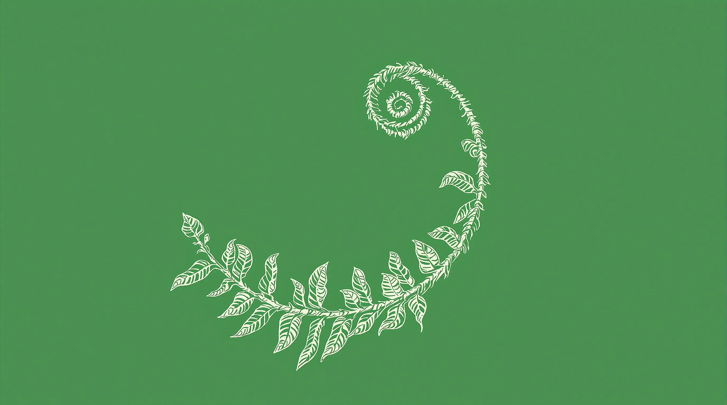 Hand-drawn lichen-green fern frond engraving with rust registration ticks on forest-green